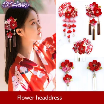 Fierbinte De Flori Pânză Frizură Kimono Japonez Accesorii Ac De Păr De Nunta Clasice Headwwear Sakura Hairwear Femeile Par Frizură