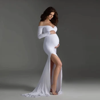 Shoulderless Rochii De Maternitate Recuzită Fotografie Bumbac Split Parte Maxi Rochie Pentru Femei Gravide Sarcină Lungă Rochie De Muguri