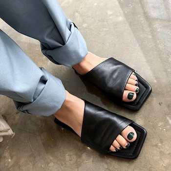 2019 Noua Moda Femei Papuci Piele De Oaie Piele Square Toe Sandale Pantofi De Femeie Vară Roma Petrecere Casual Pantofi De Bază