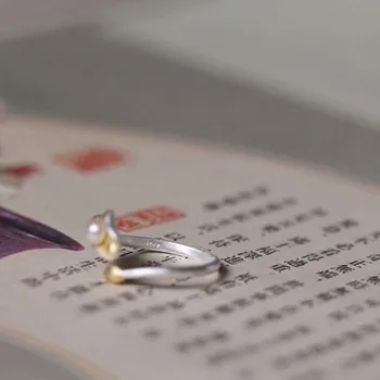Noi argint 925 perla frunze de lotus original literare retro nișă design meșteșugari și femei cupluri de deschidere inel reglabil