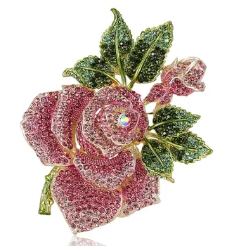Zlxgirl Mare Dimensiune Floare Trandafir ace de Brosa Pentru Femei, Cadouri de Craciun Roz Bud Frunze Broșă de Cristal Perfect email Hijab Accesorii