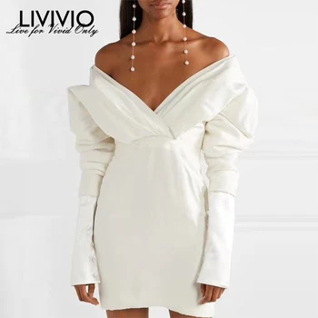 [LIVIVIO] Elegante Femei Sexy Formale Mini Dress V Gâtului Lung Puff Sleeve culoare Solidă Doamne de Birou Petrecere de Seara, Rochie de Bal