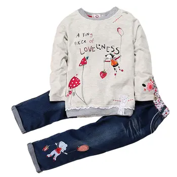 Moda Primavara Toamna Fete Copii Seturi de Îmbrăcăminte de Bumbac O-Gât Topuri + Blugi 2 PC-uri cu Maneca Lunga Florale Denim Costume la 2 La 6 Ani