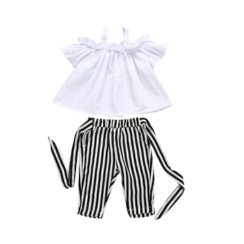 2-6M Pudcoco 2 BUC Toddler Copii Baby Girl de Pe Umăr Topuri + Stripe Pantaloni Costume Sunsuit Haine Set