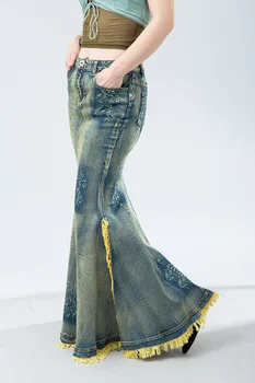TIYIHAILEY Transport Gratuit 2021 Moda Maxi Lung Fusta Denim Pentru Femei Stil Sirena Coadă de Pește de Talie Mare Ciucuri S-Stretch XL