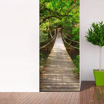 Green Forest Pod mobil din Lemn Usi Autocolant 3D Tapet Peisaj Camera de zi Studiu PVC autoadezive Ușa Decal 3D Home Decor