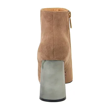Moda cu Fermoar Lateral Scurt Femei Cizme de Iarna de Metal Tocuri inalte Pantofi Office Subliniat Toe Solid Turma Glezna Cizme Kaki pentru Femei