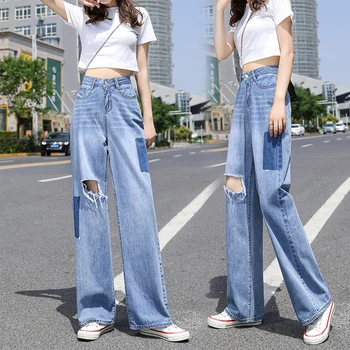 Vara Femei Blugi Largi Picior Buzunare Mozaic Talie Inalta Blugi Rupti pentru Femei de Moda 2020 Lovit de Culoare coreean Pantaloni din Denim