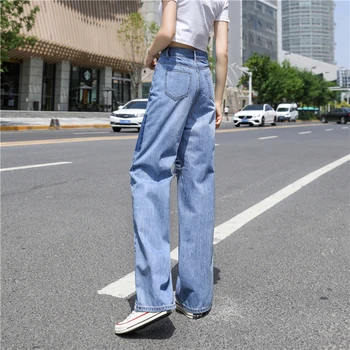 Vara Femei Blugi Largi Picior Buzunare Mozaic Talie Inalta Blugi Rupti pentru Femei de Moda 2020 Lovit de Culoare coreean Pantaloni din Denim