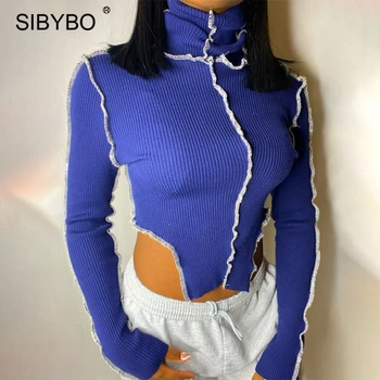 Sibybo Tricotate Guler Tricouri Tricou Femei Primavara Maneca Lunga Slim T-Shirt-Uri De Moda De Sex Feminin Cu Dungi Streetwear Topuri Casual 2021
