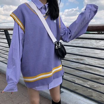 4 culori 2019 coreeană stil preppy V-neck culoare mozaic v gât vesta pulovere femei tricotate pulovere (X997)