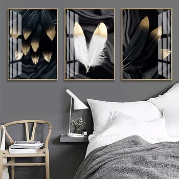 Modern, în Alb și Negru Pene Panza Pictura Pene de Aur Nordic Arta de Perete Combinate Printuri de Imagine pentru camera de zi