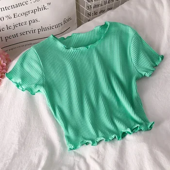 Top Doamnelor Short Sleeve Rib T-shirt de Vară de Bază Haine pentru Femei Solide Casual Slim Fit