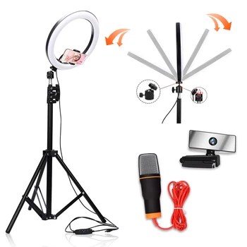 26cm LED-uri de Lumină Inel de Fotografie Selfie Inel de Lumina 2m Lumina Suporta 1080P HD Video Webcam WebCam Jack de 3,5 mm cu Fir Sunet Stereo Microfon