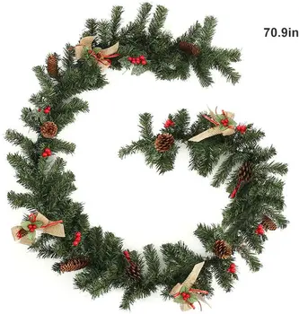 1,8 M Ghirlanda De Crăciun Verde Cu Lumină Agățat Ornamente Pentru Semineu, Scara De Crăciun Bowknot Red Berry Conuri De Pin Garland