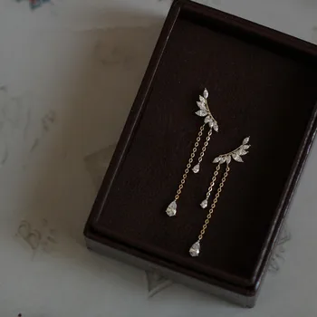 Argint 925 Pavé Aripi de Cristal Cercei Stud Pentru Femei Aur de 14k Lanț Tassel Cercei francez Bijuterii de Nunta de Lux