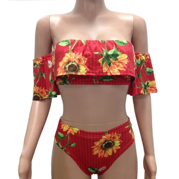 IASKY femei de pe umăr Volane Bikini Set 2018 sexy femei print floral, talie mare de costume de Baie Costum de Baie pe plajă uzura