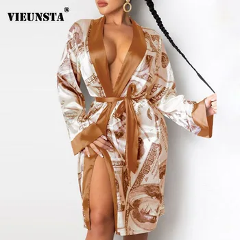 Sexy V-gât Adânc Divizat Epocă Cămăși de noapte pentru Femei Florale Imprimare Satin Rochie de Petrecere 2021 Primavara Toamna Sleepcoat Homewear Rochie de Centura