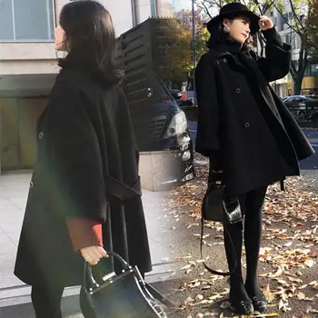 Coreeană Haina De Iarna Femei Simplu Negru Lung Uza Solid Casaco Feminino Casual Cu Mâneci Lungi Cu Centură De Sex Feminin Palton Toamna Jacheta