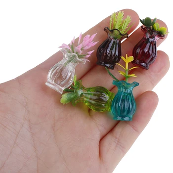 5pcs Vaza+flori casă de Păpuși, Miniaturi 1:12 Colorate Mini Ghiveci de Ceramica Manual DIY Casa Papusa de Bucătărie din Ceramică Decor