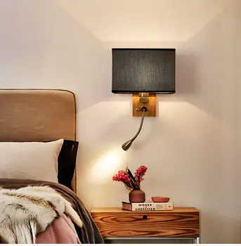 Chineză coridor lampă de noptieră din lemn de Led-uri lampă de perete Nordic dormitor pânză tesatura de lectură, corp de iluminat camera de hotel de perete led sconc