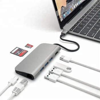 8 în 1 C Hub USB Splitter Adaptor pentru USB 3.0, HDMI, RJ45 Gigabit SD TF PD Pentru Macbook HP Huawei Compatibil Thunderbolt 3