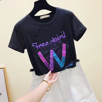 Gkfnmt Rupt Gaura Neagra Fierbinte Femeie T-shirt, cu Mâneci Scurte coreean de Top 2019 Moda Subțire O-neck Bumbac Alb Litera T Cămașă Femei