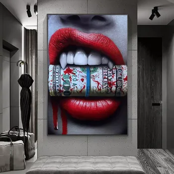 Tablouri Canvas Sexy Buze Cu Bani pe Arta de Perete Postere si Printuri Buzele Rosii de Dolari Picturi Artă pentru Acasă Cuadros Imagine