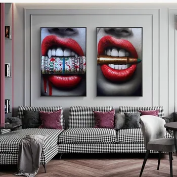 Tablouri Canvas Sexy Buze Cu Bani pe Arta de Perete Postere si Printuri Buzele Rosii de Dolari Picturi Artă pentru Acasă Cuadros Imagine