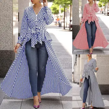 Bluza 2020 Noua Moda Femei Cu Dungi Neregulate Maneca Lunga Tricou V-Neck Bluza Curba De Jos Tunica Pierde Centura De Arc Top Casual