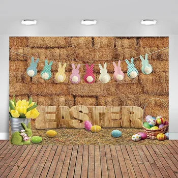 Primăvară Paște Fericit Fondul pentru Fotografie Ouă Colorate de Iepure Fermă Rustică Fundal Baloturi de Fân pentru Copii Petrecere