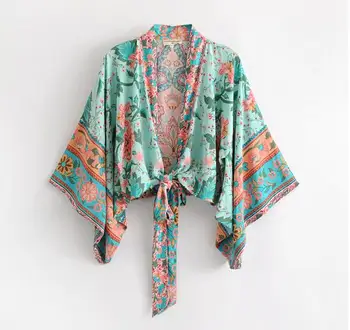 Boem Flower Print Kimono Papion Camasa Vintage nouă Femei Batwing Maneca Cruce V-Neck Cardigan Vrac Bluza