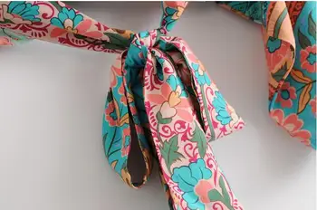 Boem Flower Print Kimono Papion Camasa Vintage nouă Femei Batwing Maneca Cruce V-Neck Cardigan Vrac Bluza