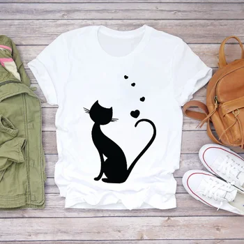 Femei T-shirt Cat Dragostea Inimii Laba Animale de Imprimare Maneci Scurte 90 de Imprimare Lady Femei Graphic Top T Cămașă Femei Tee T-Shirt
