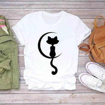 Femei T-shirt Cat Dragostea Inimii Laba Animale de Imprimare Maneci Scurte 90 de Imprimare Lady Femei Graphic Top T Cămașă Femei Tee T-Shirt