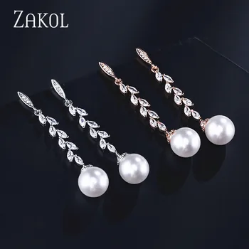 ZAKOL Moda Zirconiu Cristal Frunze Lung Picătură Cercei Cu Perle pentru Femei Mireasa Nunta Bijuterii FSEP2165