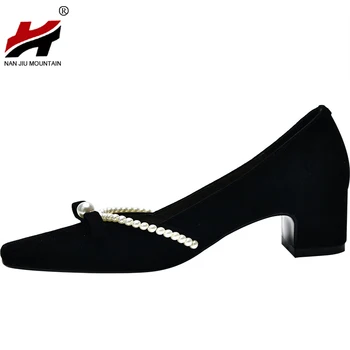 NAN JIU MUNTE 2021 Primavara Toamna Femei din Piele Pantofi Handmade cu Margele Toc Gros Unic de Pantofi cu Tocuri inalte Negru Pentru Femei