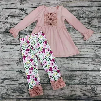 Super drăguț vânzare fierbinte roz zburli tunica+floral pantaloni pentru copii de toamna fată boutique haine