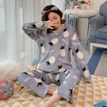 Femei Coral Catifea Pijama Set de Pijamale cu Maneca Lunga Flanel Dantela Pijamas Mujer Homewear Fete 2 buc Noapte, Pijamale, Haine Femei