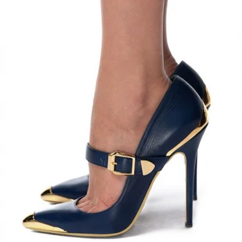 Albastru și Auriu din Piele Femeie Tocuri Metalice Stilet Tocuri de 12cm Epocă Pompe de Mary Jane pentru Femei Pantofi Office Pantofi Pompe Dimensiunea 43
