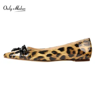 Onlymaker Femeii a Subliniat Toe Leopard de imprimare Elegent Aluneca Pe Negru de Balet de Moda fundita Pantofi Plat