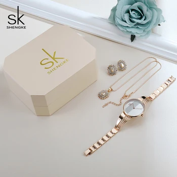 Shengke a Crescut de Aur Ceasuri pentru Femei Set de Lux Cristal Cercei Colier Ceasuri Set 2019 SK Doamnelor Cuarț Ceas Cadouri Pentru Femei