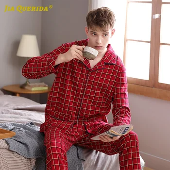 Omul Haine Sleepwear Imprimare Carouri Cu Maneci Lungi Pantaloni Lungi Pj Set Buzunar Frontal Stil De Moda Casual, Stil Pijama Set Pj Set