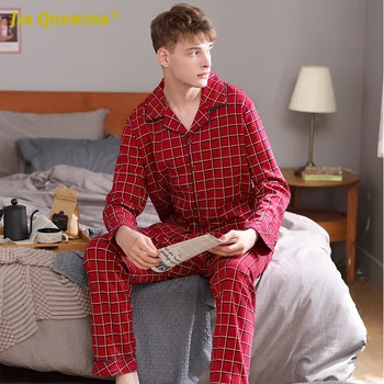 Omul Haine Sleepwear Imprimare Carouri Cu Maneci Lungi Pantaloni Lungi Pj Set Buzunar Frontal Stil De Moda Casual, Stil Pijama Set Pj Set
