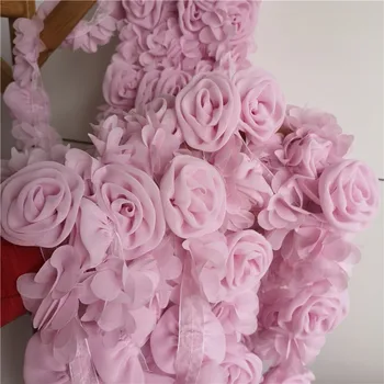 2Meters 3D Floare Albă Șifon Rose Lace Trim Panglică Tesatura Rochie de Mireasa Curea de Umăr Decor Fusta Centura de Cusut Appilques