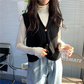 Vesta Femei Scurte fără Mâneci Singur Pieptul Buton de Tricotat V-neck Solid coreean Trendy Liber de Înaltă Calitate Femei de petrecere a timpului Liber