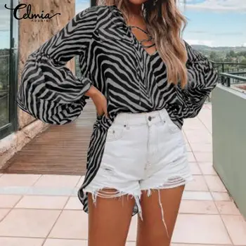 Celmia Femei Sexy V-neck Shirt Toamna Bluza 2021 Casual Felinar cu Maneci din Dantela-Up Model Zebra Munca Topuri Plus Dimensiune Blusas Mujer