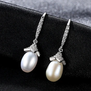 AGLOVER Argint 925 Cercei cu Perle Pentru Femei Cercei Picătură AAA Zircon Inlay 7-8MM Natural de apă Dulce Pearl Bijuterii Fine Lady Cadou