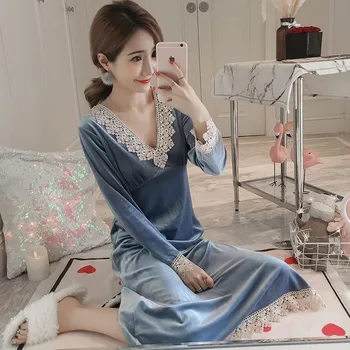 Femei Cămăși de noapte Sleepshirts V-gât Lace Print Toamna Pleuche Confortabil 3XL Moale Elegant coreeană de Moda Chic de zi cu Zi Sleepdress Acasă