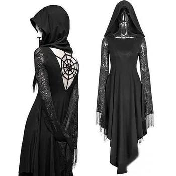 2019 Femei de Moda XXXXXL Gotic Fantomă Negru Rochii Vintage Lace Up Backless cu Gluga Rochie de Halloween Cosplay Costum kleid